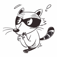 A raccoon with a black mask on its face, typical raccoon whiskers on its face, and a black and white tail vector art illustration