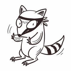 A raccoon with a black mask on its face, typical raccoon whiskers on its face, and a black and white tail vector art illustration