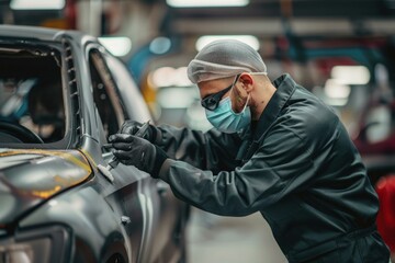 Car mechanic wearing protective mask carefully applying sealant to a car body in a workshop