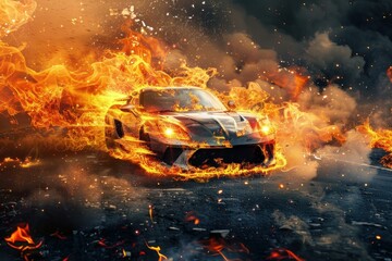 Obraz premium Futuristic sports car is driving fast leaving a blazing trail of fire
