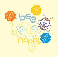 Vector illustration of cartton bee in a children's style with flowers and text.