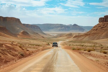 Fototapeta premium Car is driving on a dirt road through a valley in a mountainous desert landscape