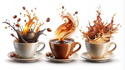 Fototapeta premium Vibrant vector illustrations of steaming coffee and hot chocolate splashes isolated on a plain background in various shapes and sizes.
