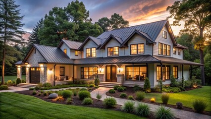 Elegant modern farmhouse exterior with rustic accents, warmly lit at twilight, surrounded by lush greenery and majestic trees.