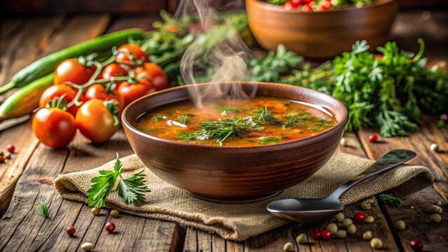 Steaming hot vegetable soup bowl with fresh herbs garnish, warm lighting, and rustic wooden table, seamless loop time-lapse video backdrop.
