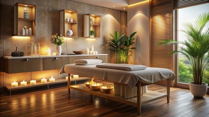 Serenity surrounds a vacant spa room with soft lighting, massage table, and beauty treatment products for body skin and hair care.