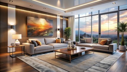 Modern spacious living room interior with sleek furniture, large windows, and abstract art decor, evoking warmth and contemporary style.