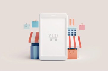 Tablet displaying a shopping cart icon, with mini storefronts and shopping bags in the background, representing online shopping.