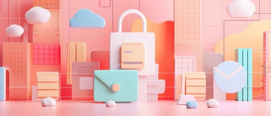 Fototapeta premium Data Protection in Colorful Pastel: Secure Flat Design with 3D Render in Side View