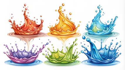 Colorful vector illustration featuring pouring water splashes and drops in various shapes and sizes on a clean white background.