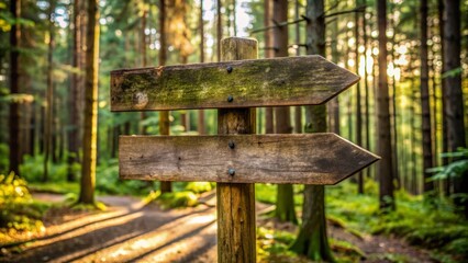 Naklejka premium Old worn-out vintage wooden arrow signpost with faded direction signs standing alone in the middle of a dense forest.