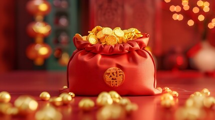 3D rendering of a red cartoon festive bag opening up to expose a gold ingot, highlighting the festive and prosperous atmosphere