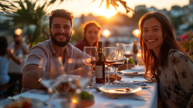 a vibrant gathering of young, multi-ethnic friends relishing a joyful dinner and savoring red wine, celebrating diversity and unity in a warm, convivial atmosphere.