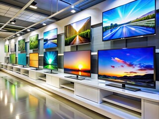 Modern electronics store showcasing array of sleek, high-definition television sets with vibrant macro demo footage, illuminated against a clean, minimalist background.