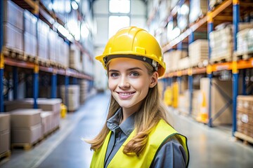 Young woman as apprentice in training in logistics profession with safety helmet