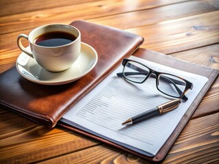 A polished wooden desk holds a pair of reading glasses, a leather-bound CV document, and a cup of coffee, evoking a professional business advisory atmosphere.