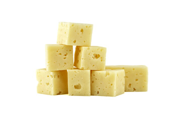 Stack of Swiss cheese cubes isolated on white background