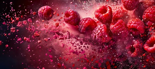 Fototapeta premium Chaotic beauty: Realistic 3D colors among raspberry slices on a blurry background