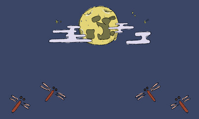 星空のお月見背景イラスト、とんぼとともに。ペン画風の手描きタッチ。　月にはうさぎの影。 © chockwhooll