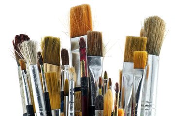 Various types and sizes of paintbrushes against a white
