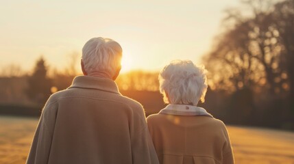 Elderly couple enjoying a leisurely walk in a picturesque park, holding hands and smiling, capturing the essence of relaxation and pleasure in their free time