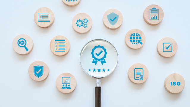 Quality Assurance Concept. Checklist document analyst target marketing planning assignment. good service, premium service assurance, excellence service, high quality, business excellence. standards.