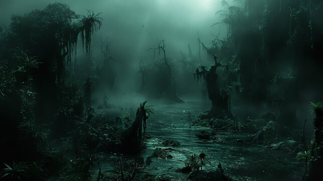 Twilight Enchanted Swamp with Misty Fog and Mysterious Atmosphere in Dense Forest