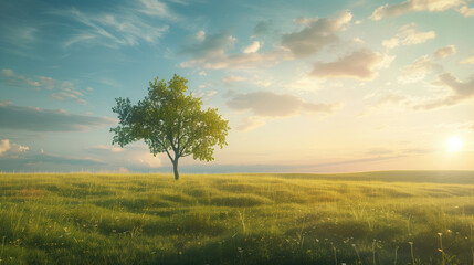 Fototapeta premium A serene nature scene with a single tree and a vast field, ample copy space in the sky and field