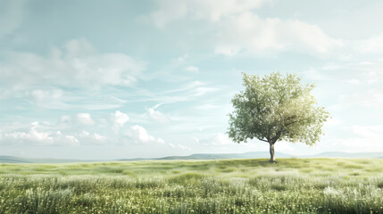 A serene nature scene with a single tree and a vast field, ample copy space in the sky and field