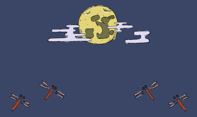 夜空のお月見背景イラスト、とんぼとともに。ペン画風の手描きタッチ。　月にはうさぎの影。 © chockwhooll