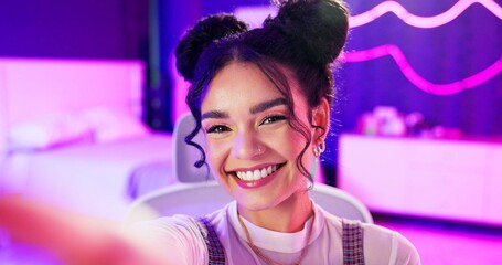 Content creator, girl and selfie, face or live streaming in neon bedroom for social media...