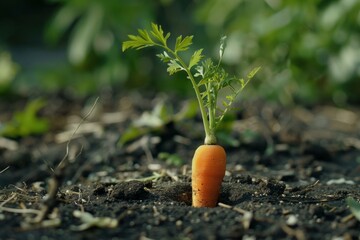 One carrot growing in dark brown soil in a sunny garden