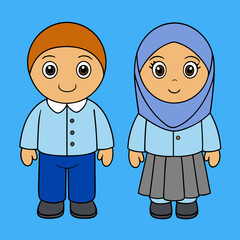 Muslim kids with school uniform vector art illustration