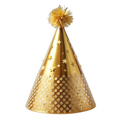 Golden decorated birthday party hat isolated on transparent background