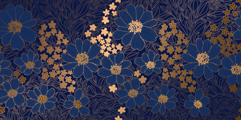 Floral Pattern of Gold Metallic Contour Flowers and Leaves on a Dark Navy Blue Backdrop. Luxurious Art Deco Wallpaper Design for Print, Poster, Cover, Banner, Invitation, Package, Beauty Products.