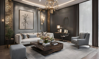 Fototapeta premium Passionate Interior Designer Transforms Spaces, Blending Function and Aesthetics. Elegant Studio with Design Plans, Fabric Samples, and Completed Room Models.