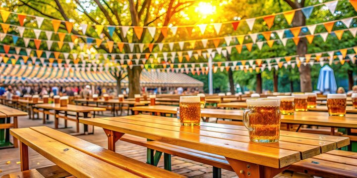 of a festive Octoberfest beer garden , Octoberfest, beer garden, celebration, beer, benches, tables, pretzels