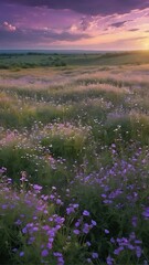 Fototapeta premium lavender field at sunset, Purple sky and green field scenery photo, warm feeling dreamy, high definition wallpaper, iPhone wallpaper