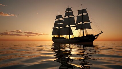 Fototapeta premium Silhouette of a sailboat with sails raised against a sunset sky.