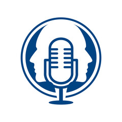 This is a simple podcast logo in blue color depicting two human faces with a microphone on the center.