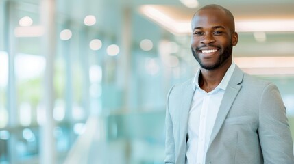 Obraz premium A confident African businessman in a light grey suit and glasses, smiling while standing in a modern office environment.