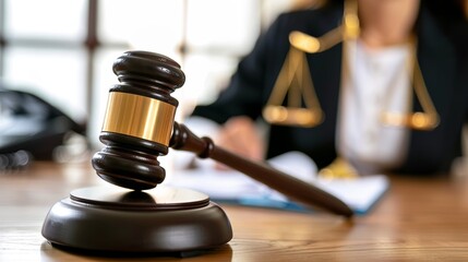 Closeup wooden gavel on the table with blue image of female in lawsuit.