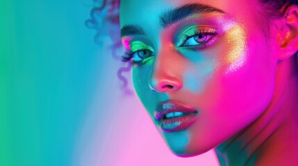 Close-up of a woman's face with vibrant neon makeup, illuminated in colorful, artistic light against a pastel background.