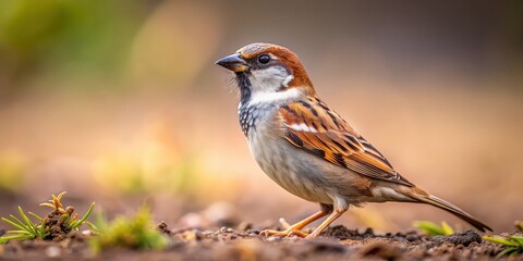 A small sparrow perched on the ground , bird, wildlife, nature, feathered, cute, outdoors, natural, animal, avian, small, tiny