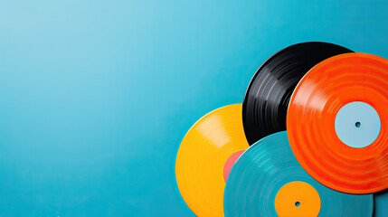 Multicolored vinyl records on blue background. Top view.