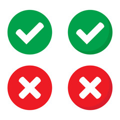 Right or wrong icons. Green tick and red cross checkmarks. Yes or no symbol, approved or rejected icon for user interface.