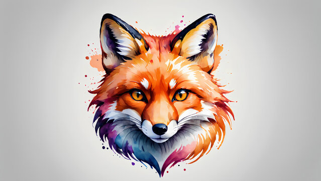 Watercolor powerful colorful fox face logo facing forward