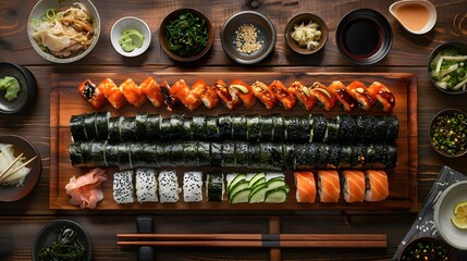 Japanese food. Traditional Sushi dish of Japan with fresh ingredients.