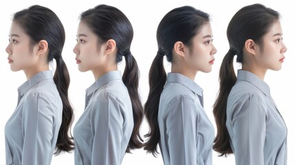 a Korean woman's  from different angles, and she is wearing a modern fashion style