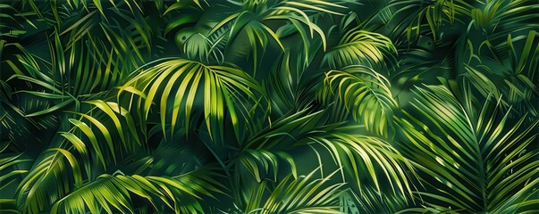 Tropical rainforest, palm fronds, leaves sparsely strewn with sunlight spills, nature, greenery, forest, banner